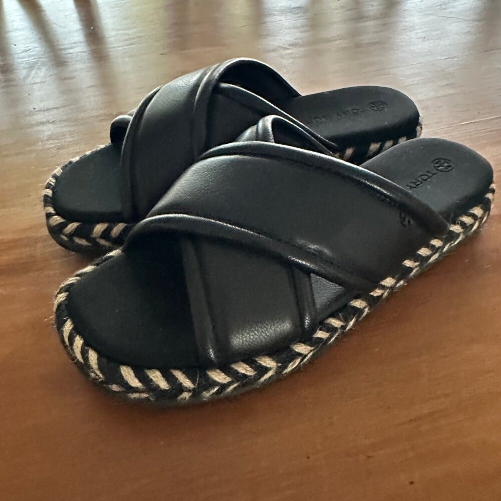 Tory Burch Criss Cross Espadrille Sandals - Black Leather - Size 9
